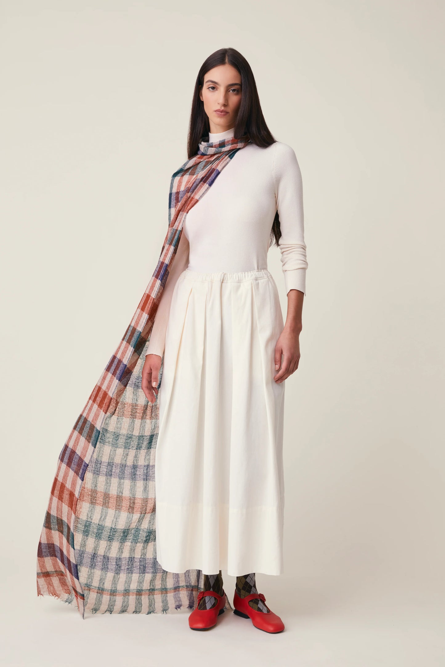 Moismont fine wool plaid tartan check scarf Acrobat in Celtic tan, cream, navy.
