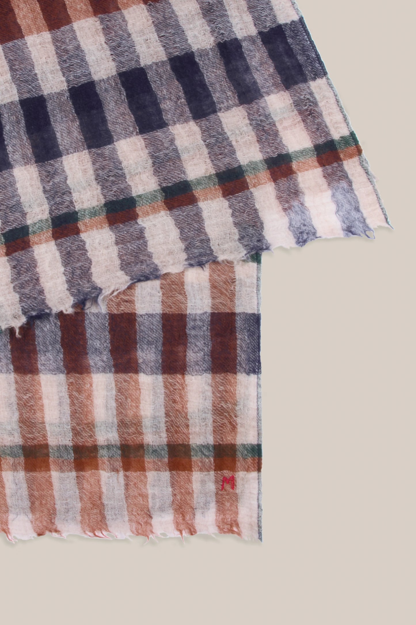 Moismont fine wool plaid tartan check scarf Acrobat in Celtic tan, cream, navy.