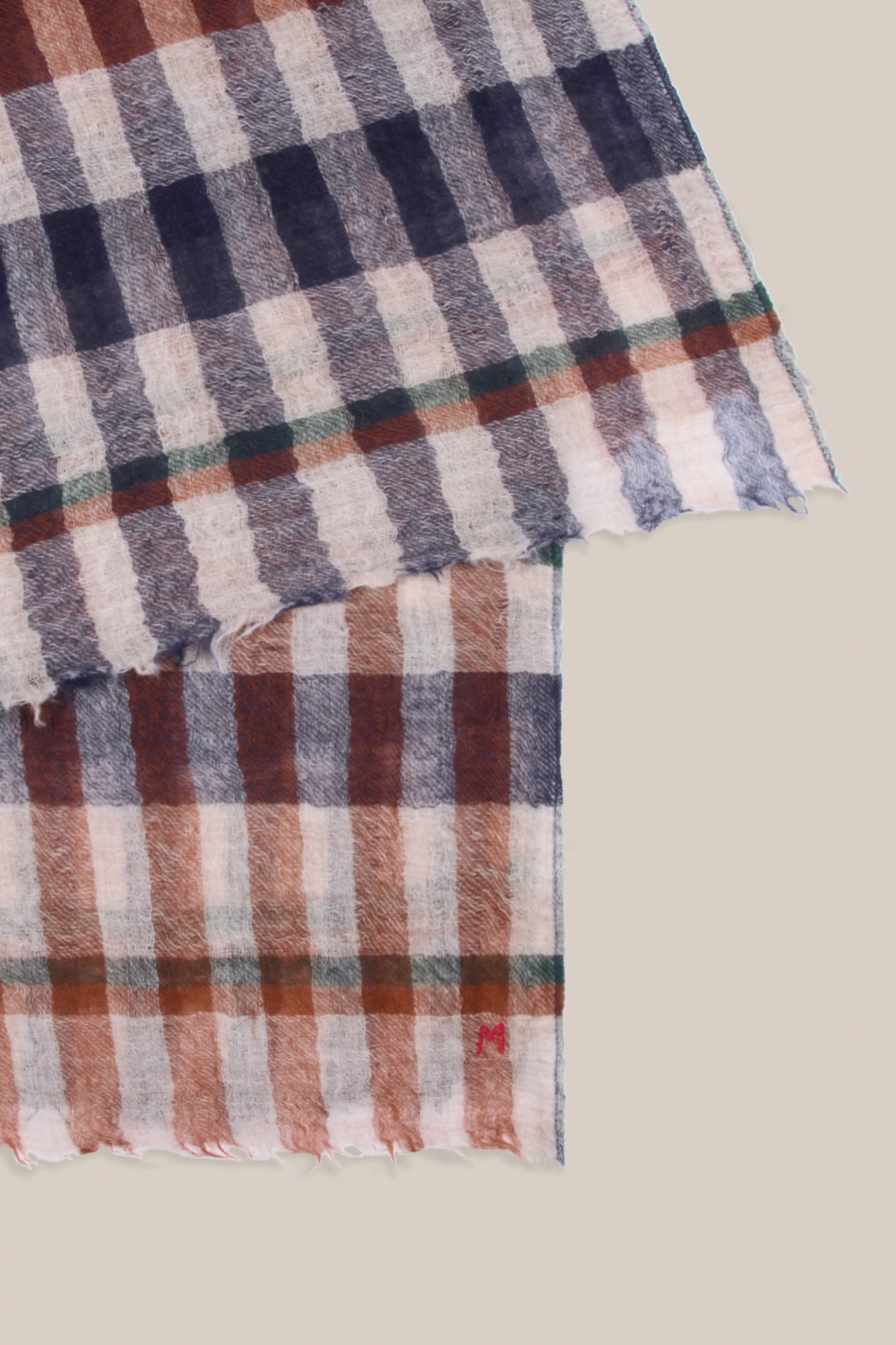 Moismont fine wool plaid tartan check scarf Acrobat in Celtic tan, cream, navy.