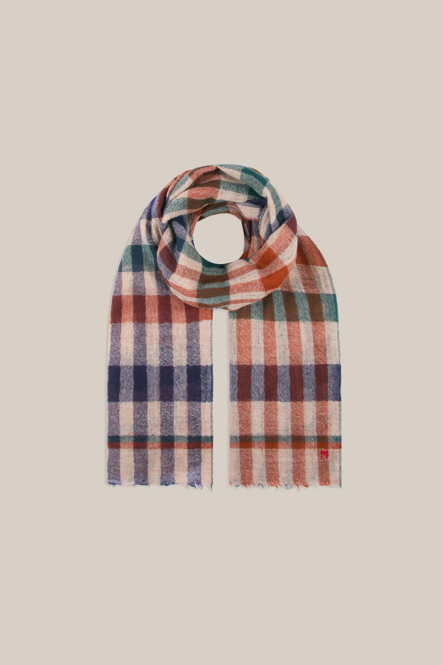 Moismont fine wool plaid tartan check scarf Acrobat in Celtic tan, cream, navy.