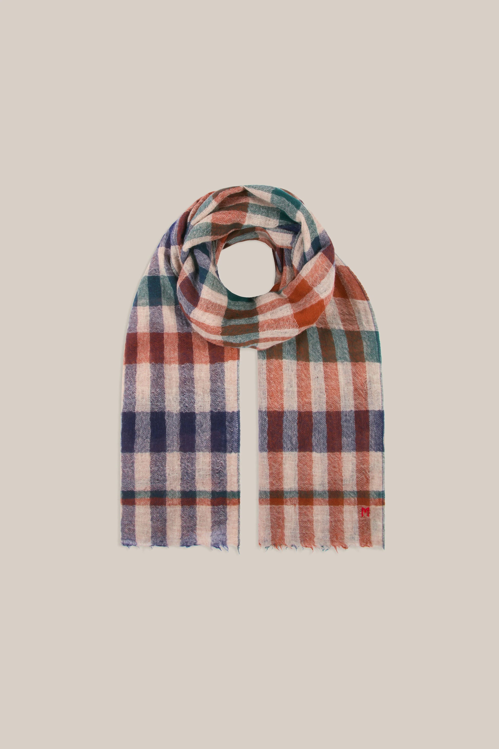 Moismont fine wool plaid tartan check scarf Acrobat in Celtic tan, cream, navy.