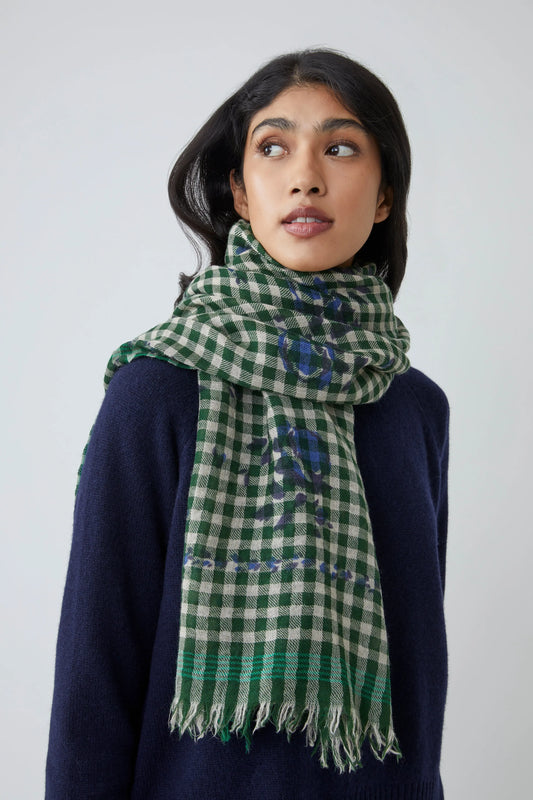 Moismont gingham Vichy scarf in British green and white, with floral print detail.