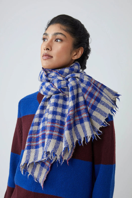 Moismont Paolo scarf wool silk check in royal blue.