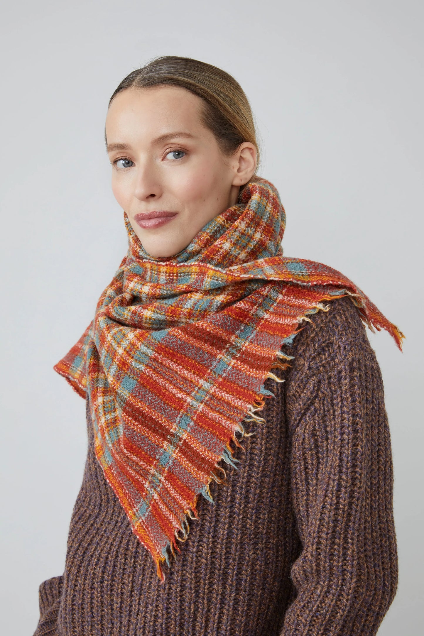 Moismont McInnes tartan fine wool scarf in Spice  orange and blue.
