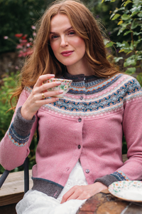 Eribe Scottish fairisle Alpine short cropped cardigan in Vintage pink with soft pink with  grey and cream.