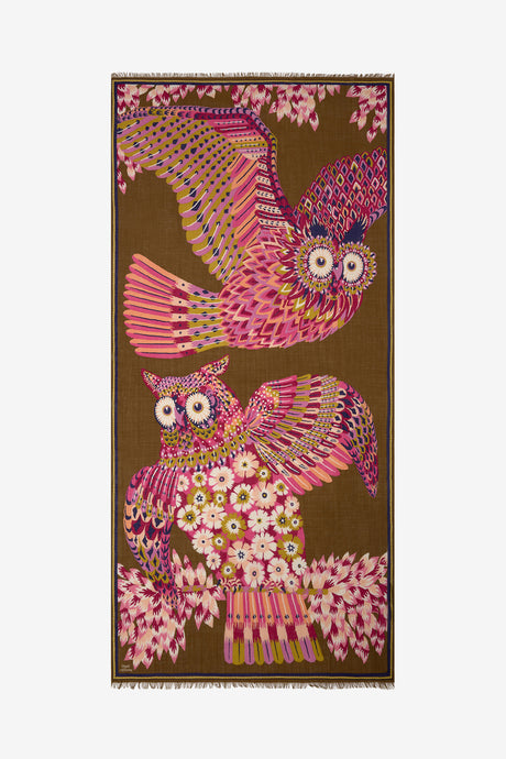 Inoui Editions Hulule scarf two owls in fuchsia flowers on mustard brown.