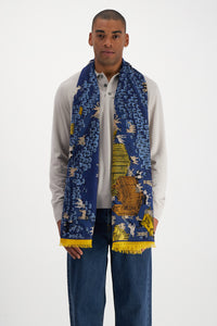 Inoui Editions fine wool rectangular long scarf Central Park in navy and yellow featuring dogs.
