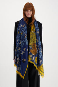 Inoui Editions fine wool rectangular long scarf Central Park in navy and yellow featuring dogs.
