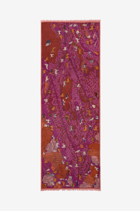 Inoui Editions fine wool rectangular long scarf Central Park in fuchsia and tan featuring dogs.