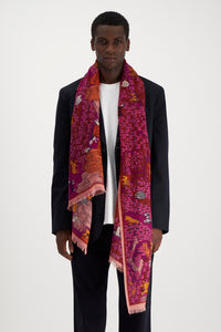 Inoui Editions fine wool rectangular long scarf Central Park in fuchsia and tan featuring dogs.