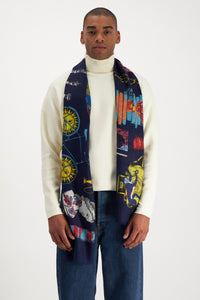 Inoui Editions fine wool scarf Iconique design with iconic Inoui illustrations on navy blue.