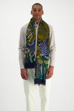 Load image into Gallery viewer, Inoui Editions Rousseau print scarf, fime wool with leopard in garden, khaki on navy blue.