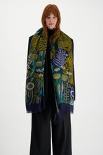 Load image into Gallery viewer, Inoui Editions Rousseau print scarf, fime wool with leopard in garden, khaki on navy blue.