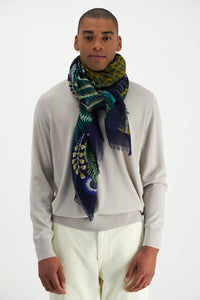 Inoui Editions Rousseau print scarf, fime wool with leopard in garden, khaki on navy blue.