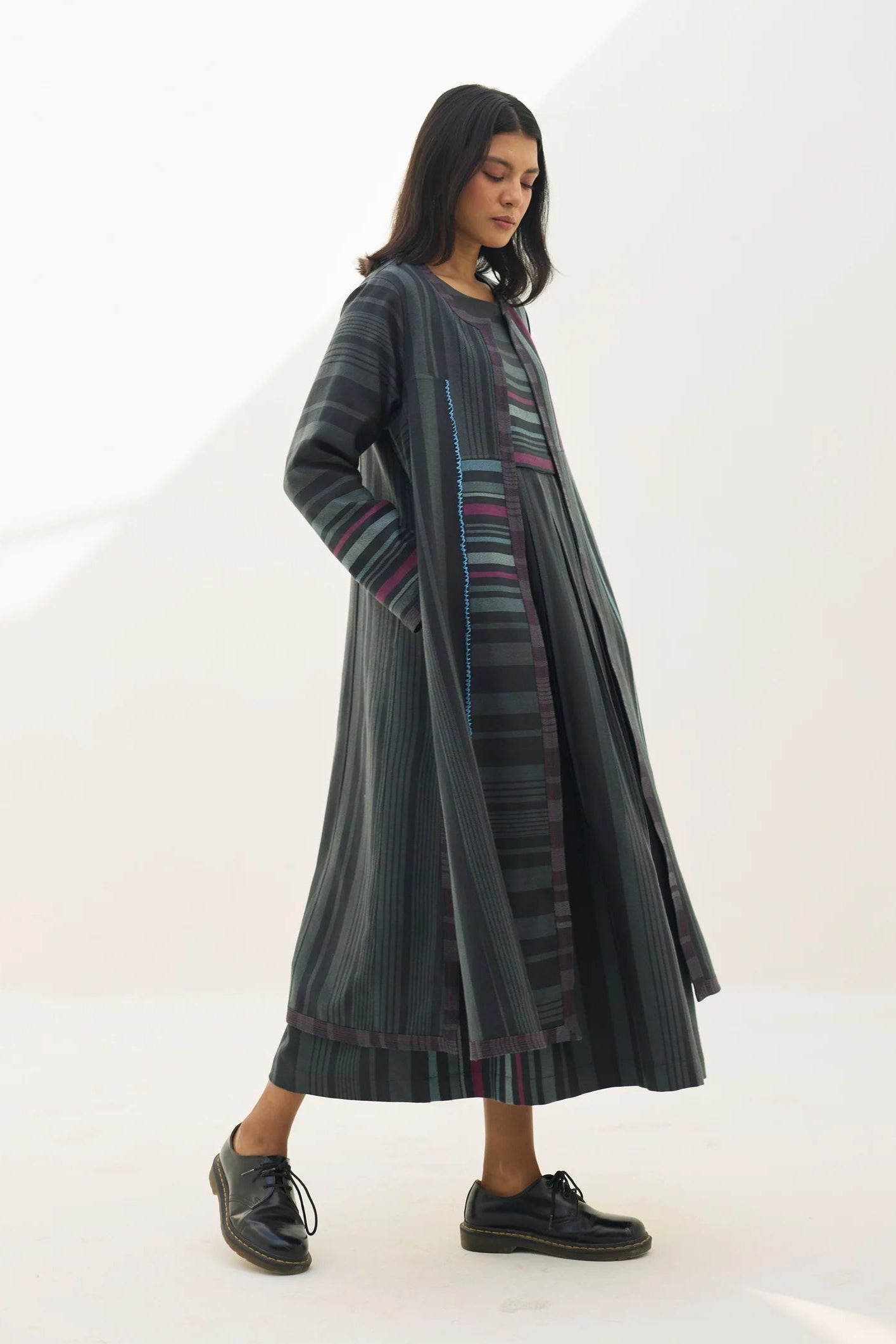 Manan Thena pure wool overlay jacket in charcoal grey stripe.