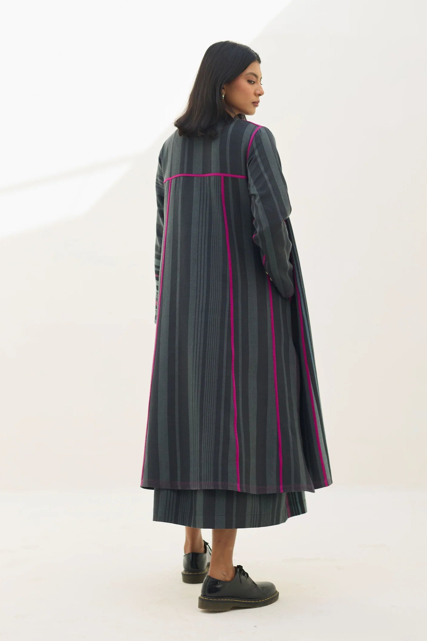 Manan Thena pure wool overlay jacket in charcoal grey stripe.