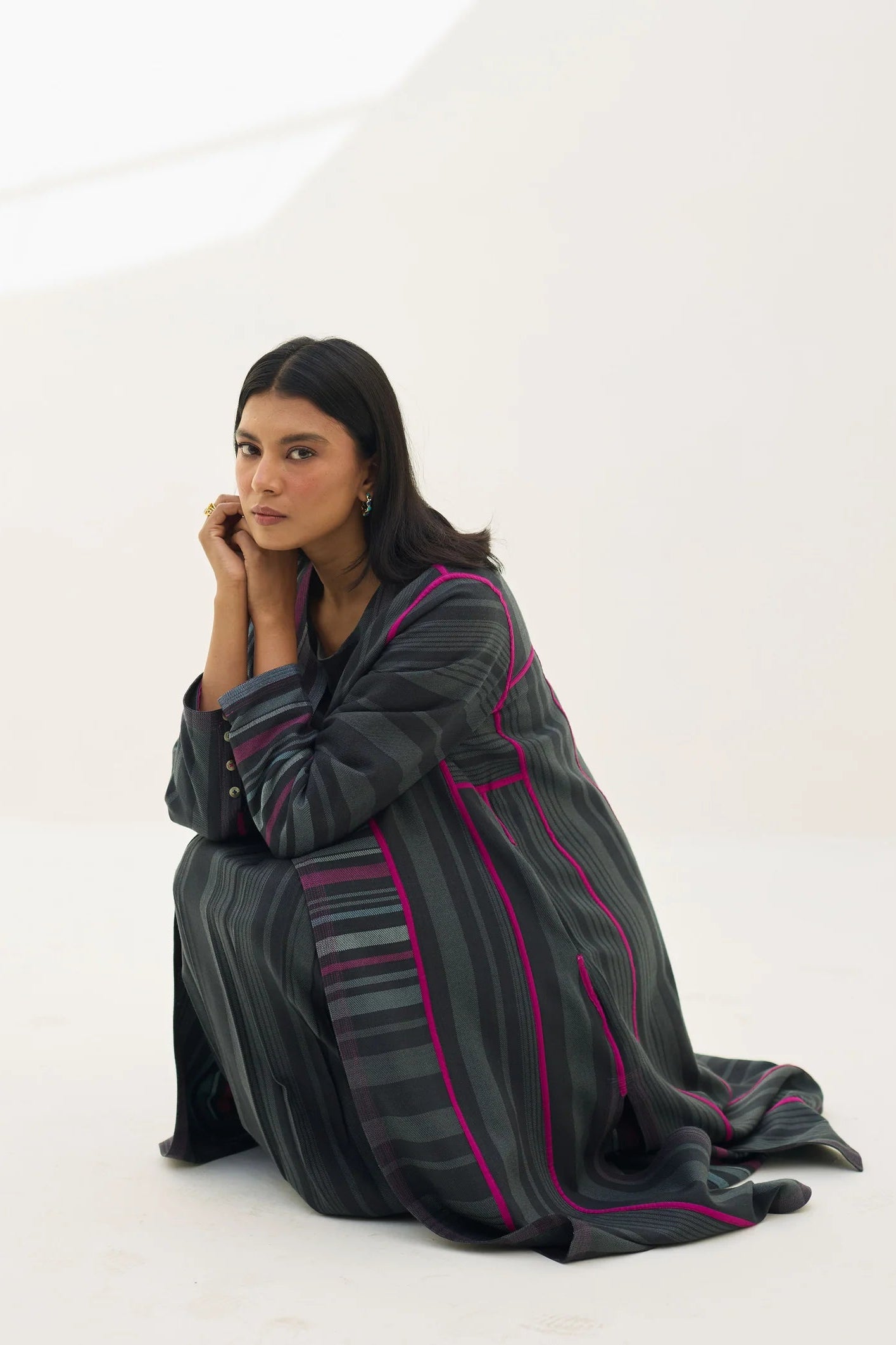Manan Thena pure wool overlay jacket in charcoal grey stripe.