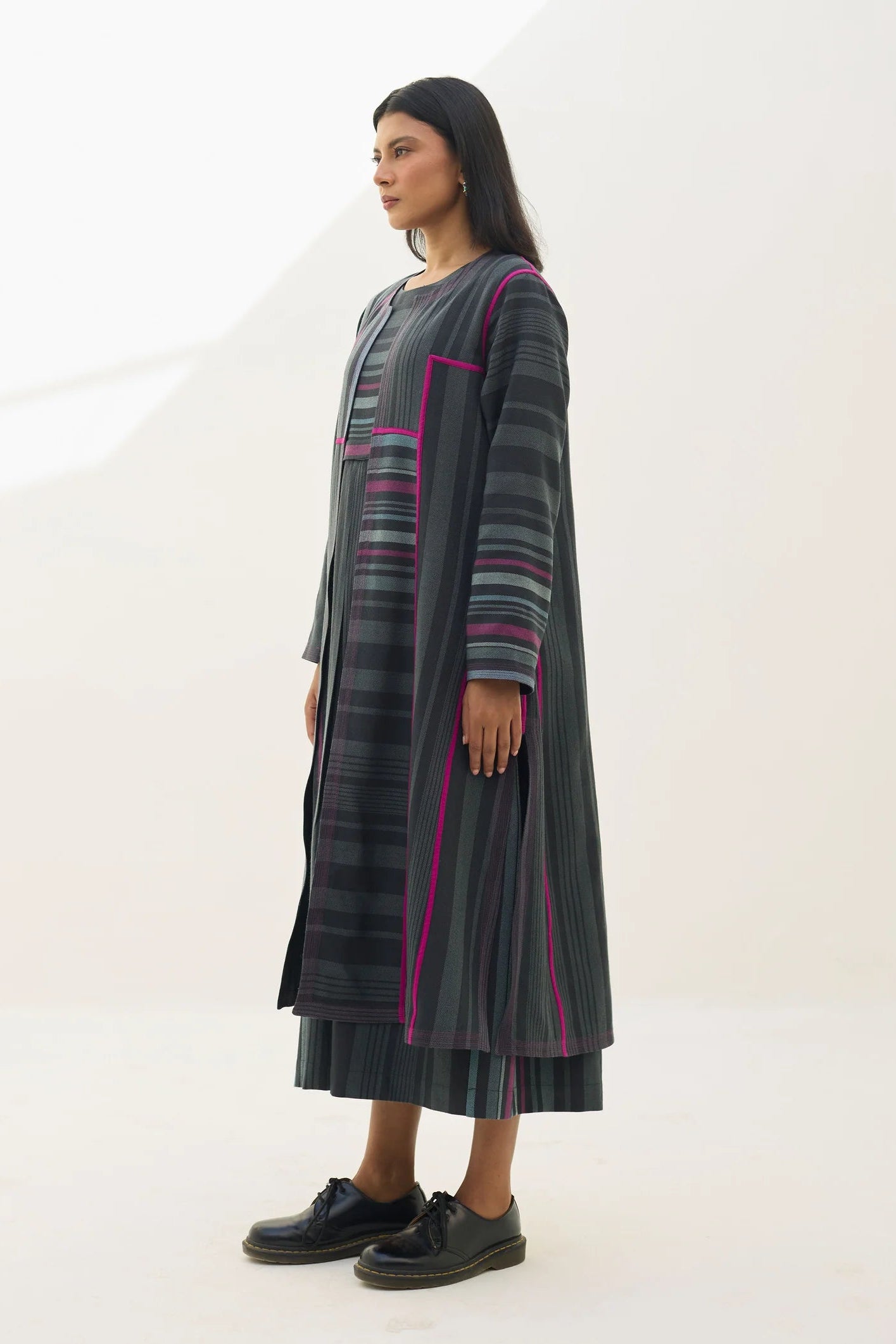 Manan Thena pure wool overlay jacket in charcoal grey stripe.