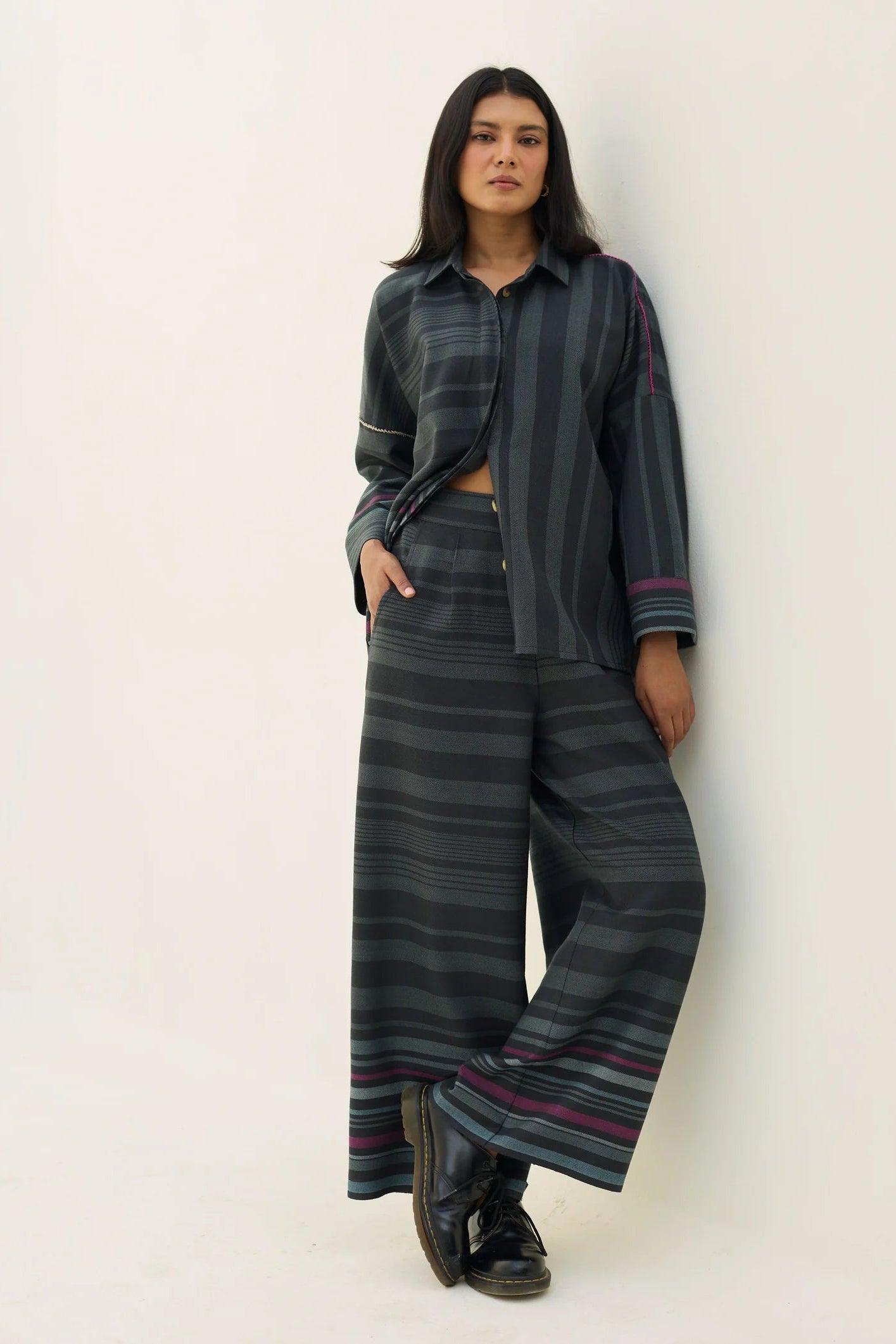 Manan pure wool striped Ellen dolman sihrt in charcoal grey.