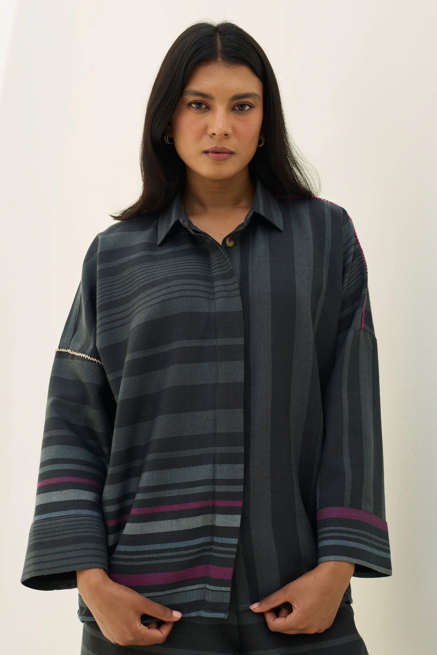Manan pure wool striped Ellen dolman sihrt in charcoal grey.