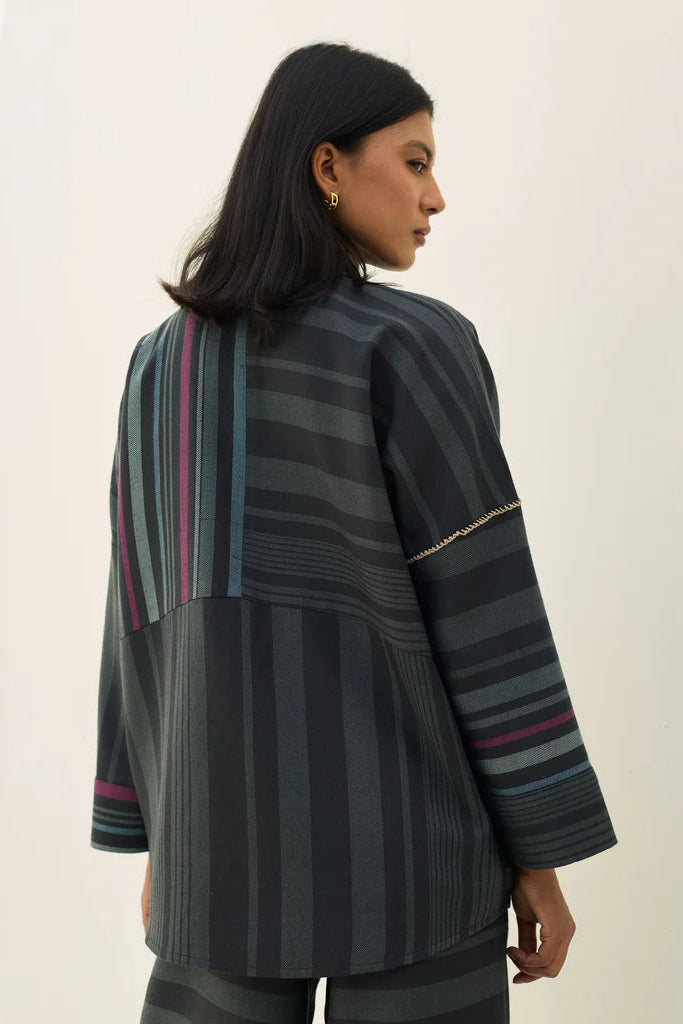 Manan pure wool striped Ellen dolman sihrt in charcoal grey.