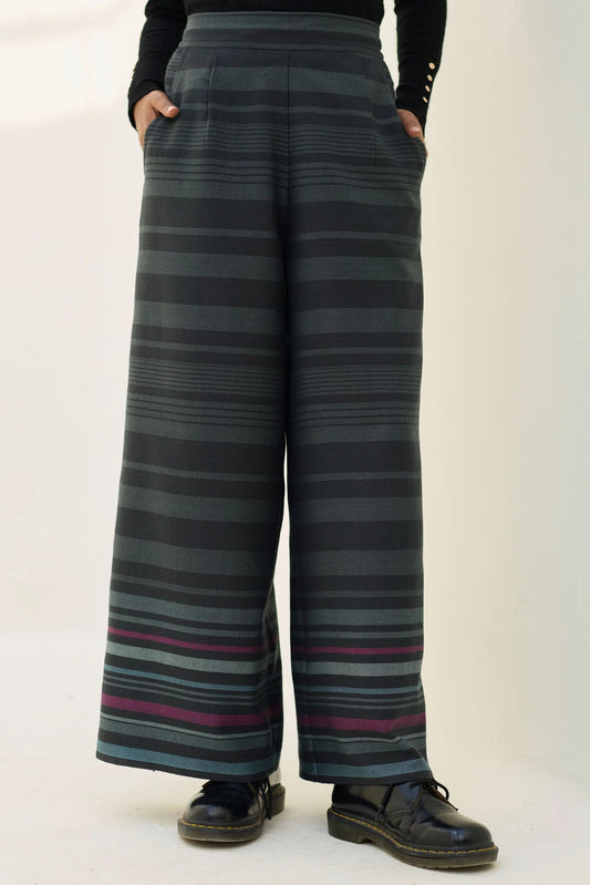 Manan Vola merino wool culootes with border stripe detail in charcoal.
