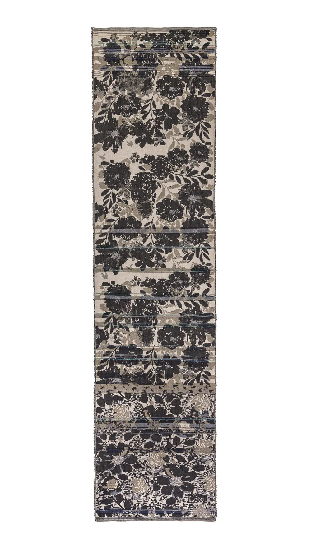 Letol organic cotton floral jacquard scarf Emilienne floral design in black, with highlights of blue.