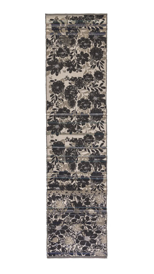 Letol organic cotton floral jacquard scarf Emilienne floral design in black, with highlights of blue.