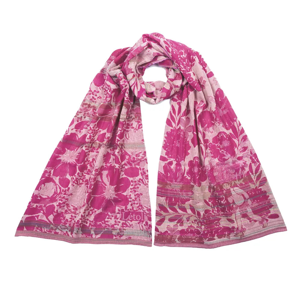 Letol organic cotton floral jacquard scarf Emilienne floral design in rose, shades of pink.