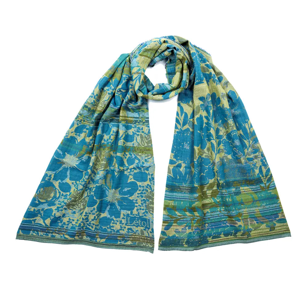 Letol organic cotton floral jacquard scarf Emilienne floral design in lagune, deep turquoise and lime green.