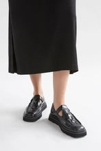 Load image into Gallery viewer, Elk Vadna black leather t-bar woven leather loafer.