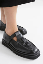 Load image into Gallery viewer, Elk Vadna black leather t-bar woven leather loafer.