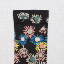 Load image into Gallery viewer, Bonne Maison colourful sunflowers on slate cotton socks.