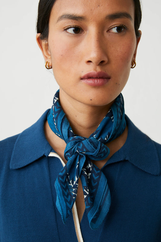 Moismont two tone cotton blockprinted Ajmer square scarf indigo blue and white.