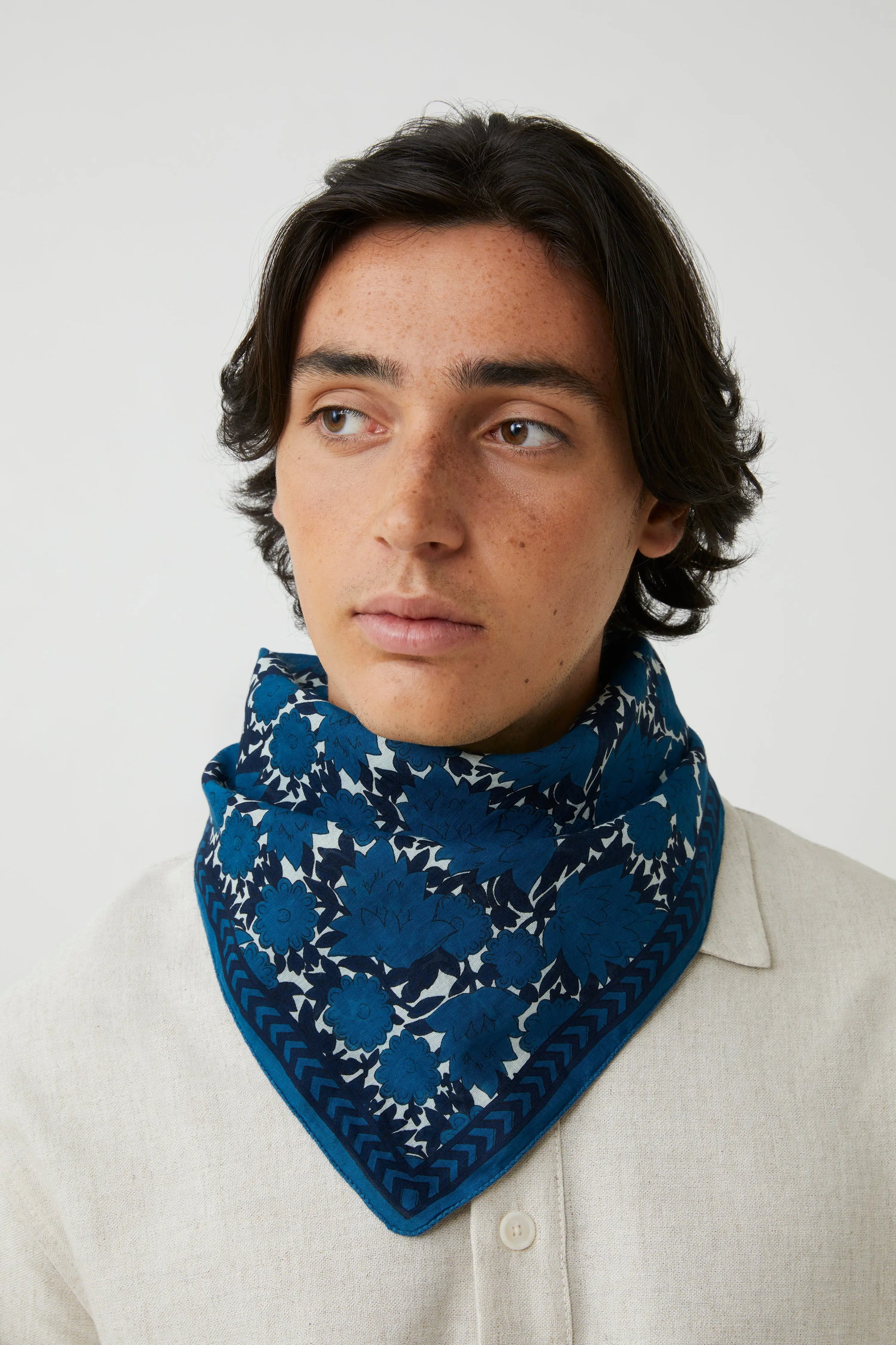 Moismont two tone cotton blockprinted Ajmer square scarf indigo blue and white.