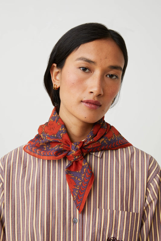 Moismont two tone cotton blockprinted Ajmer square scarf jasper red and purple.