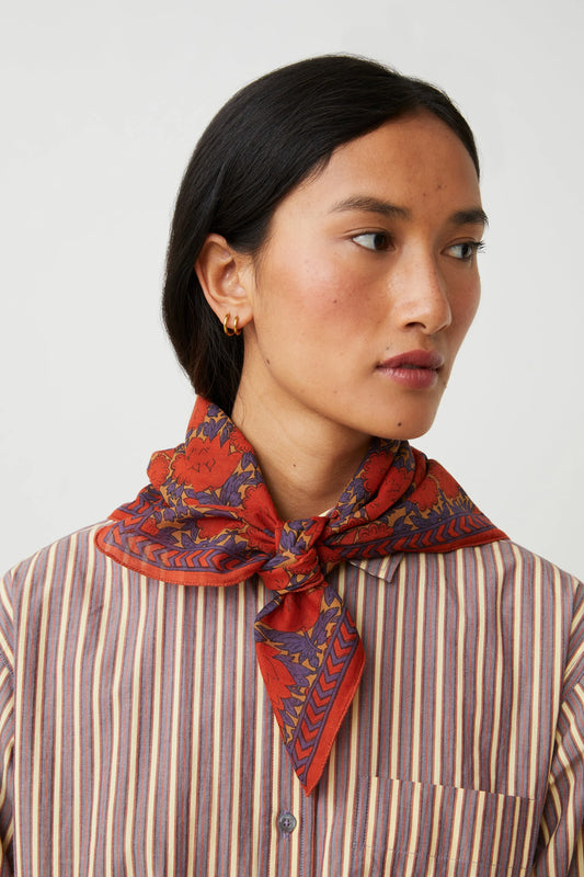 Moismont two tone cotton blockprinted Ajmer square scarf jasper red and purple.