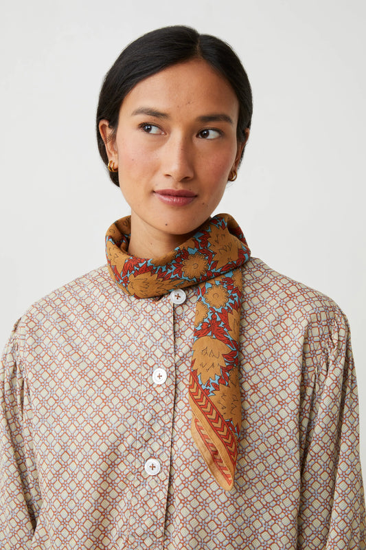 Moismont two tone cotton blockprinted Ajmer square scarf Mineral mustard and brown on aqua. 