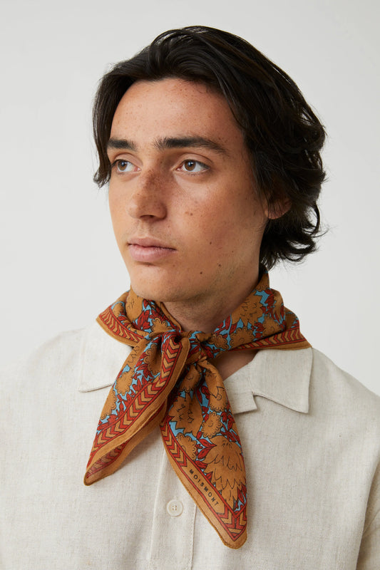 Moismont two tone cotton blockprinted Ajmer square scarf Mineral mustard and brown on aqua. 