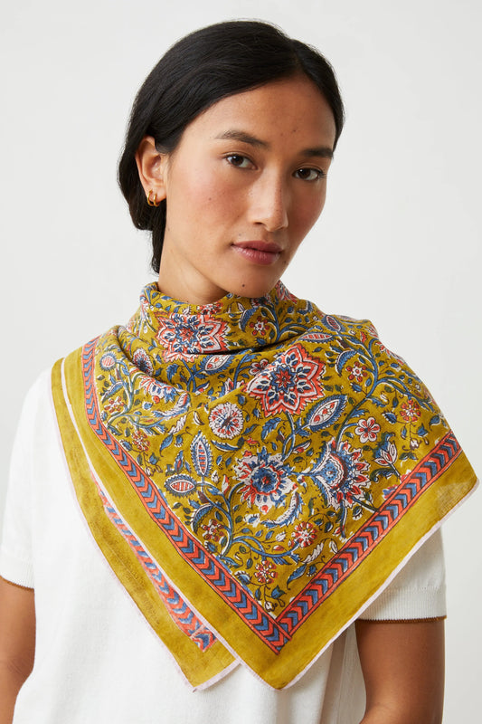Moismont Agra cotton blockprint scarf in Pollen mustard.