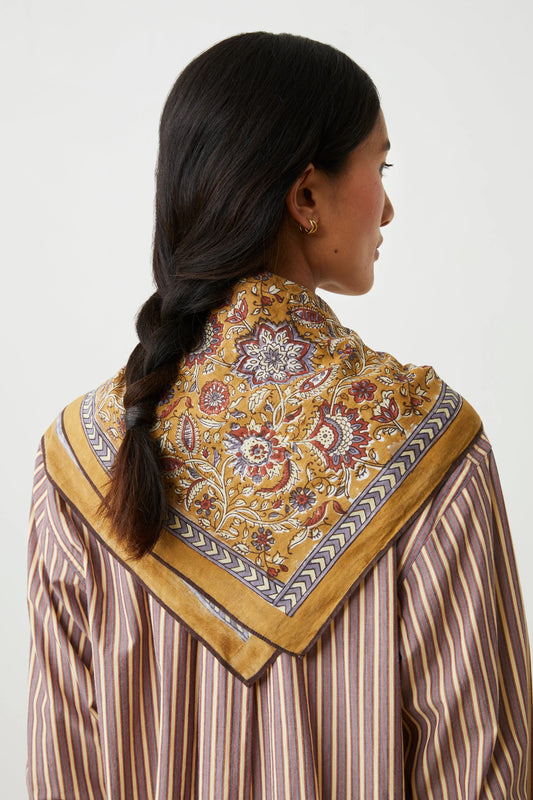 Moismont Agra cotton blockprint scarf in Mineral brown mustard.