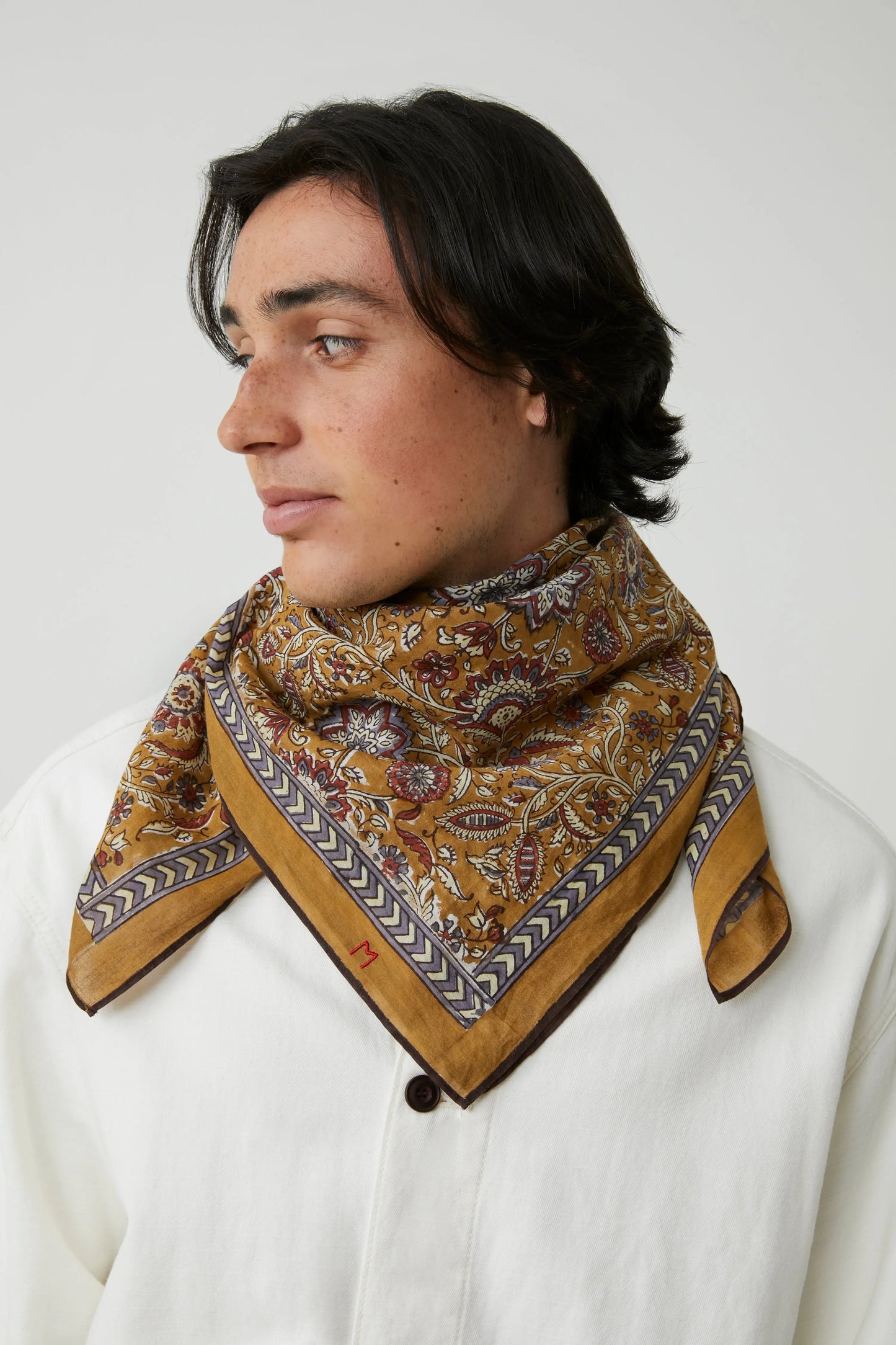 Moismont Agra cotton blockprint scarf in Mineral brown mustard.