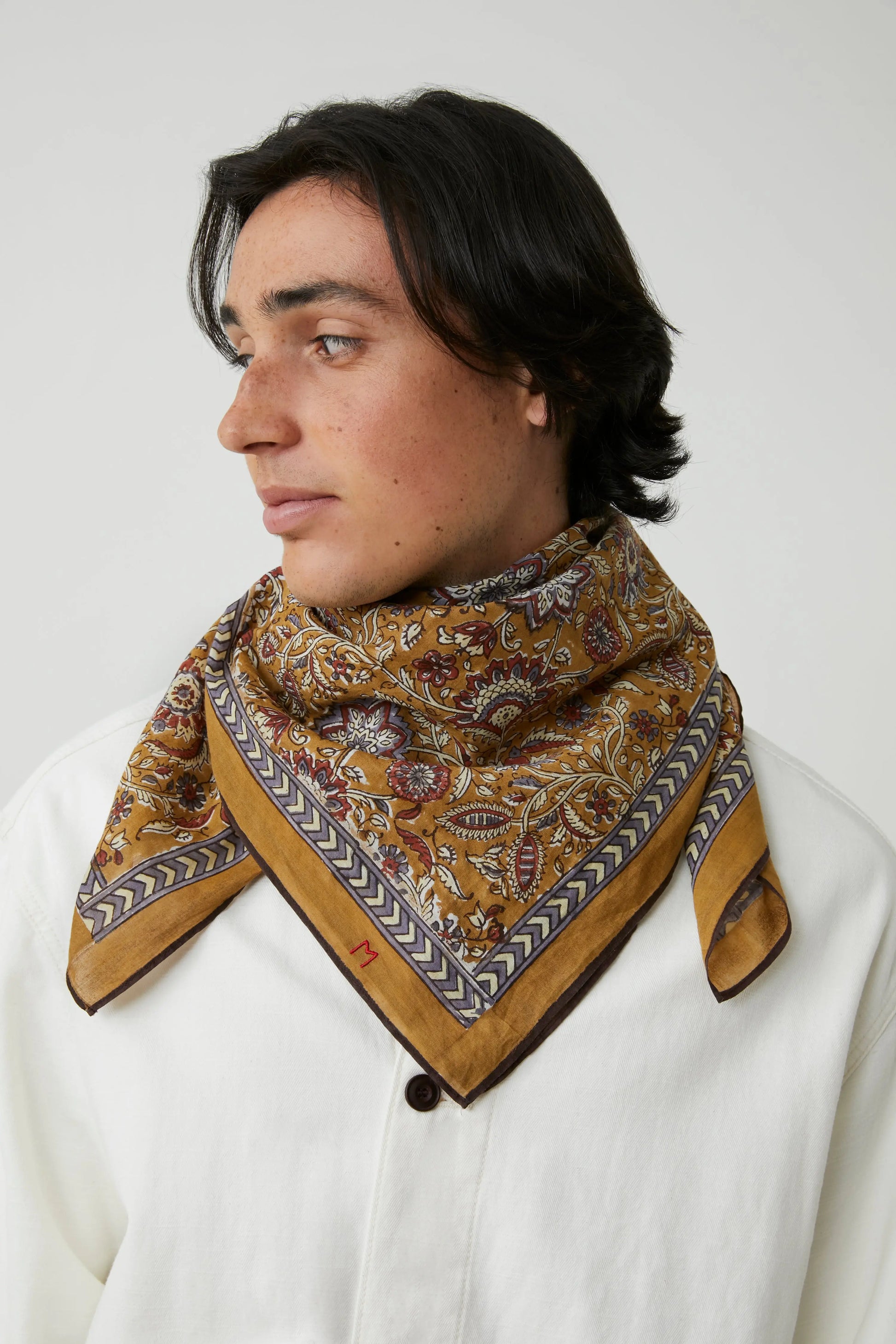 Moismont Agra cotton blockprint scarf in Mineral brown mustard.