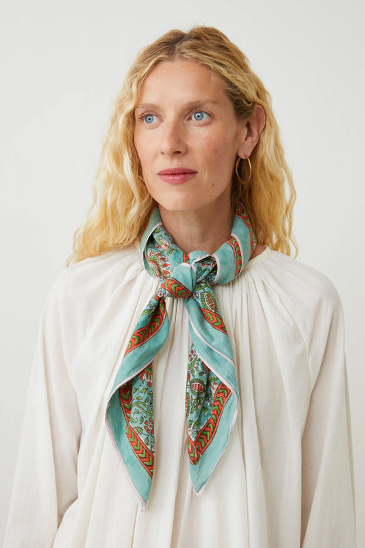 Moismont Agra cotton blockprint scarf in Agate aqua blue.