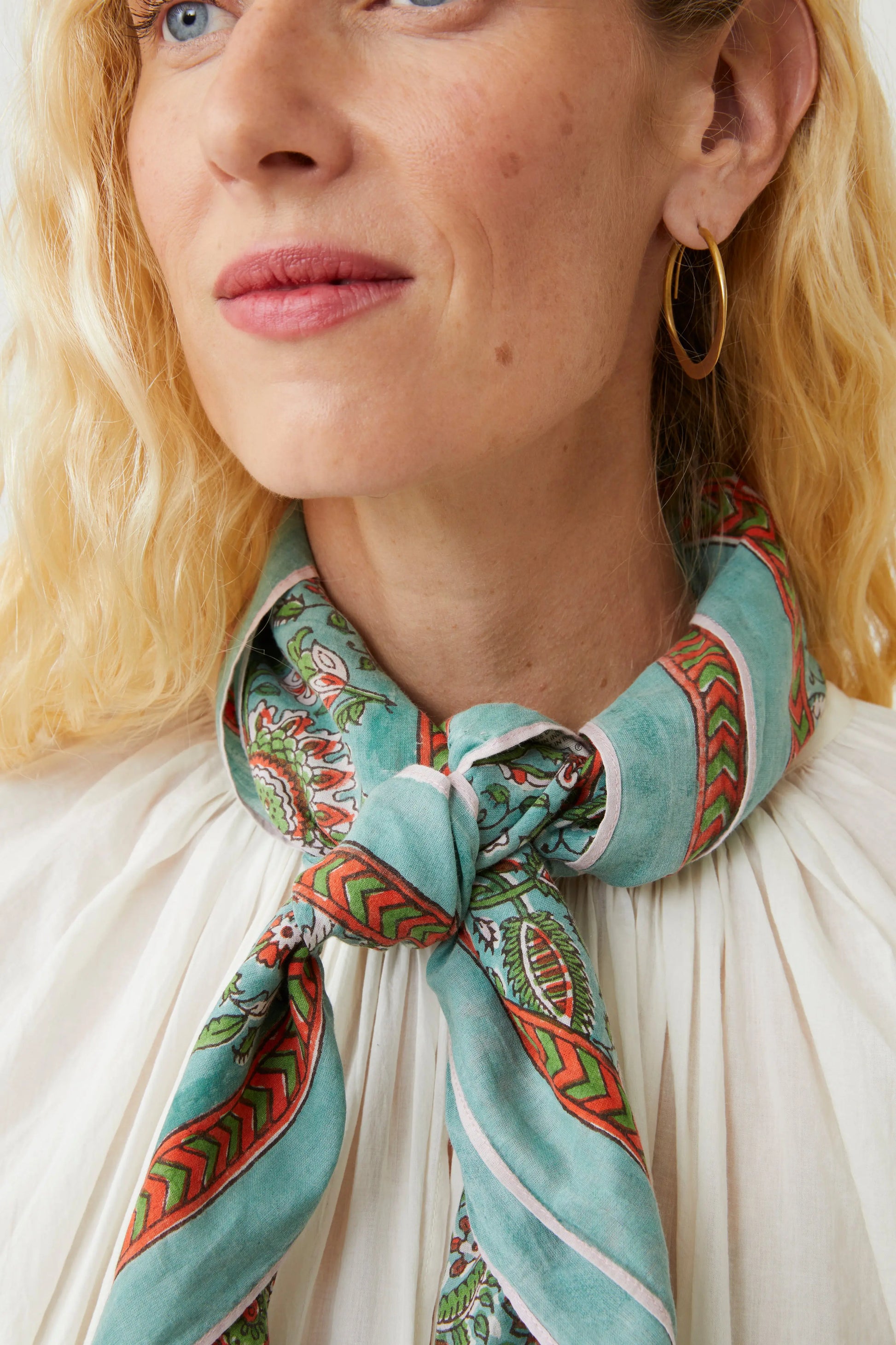 Moismont Agra cotton blockprint scarf in Agate aqua blue.