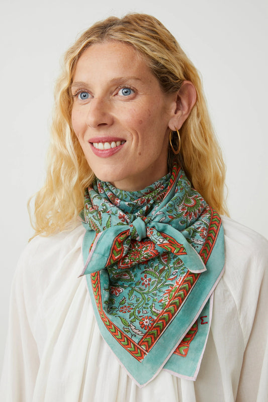 Moismont Agra cotton blockprint scarf in Agate aqua blue.