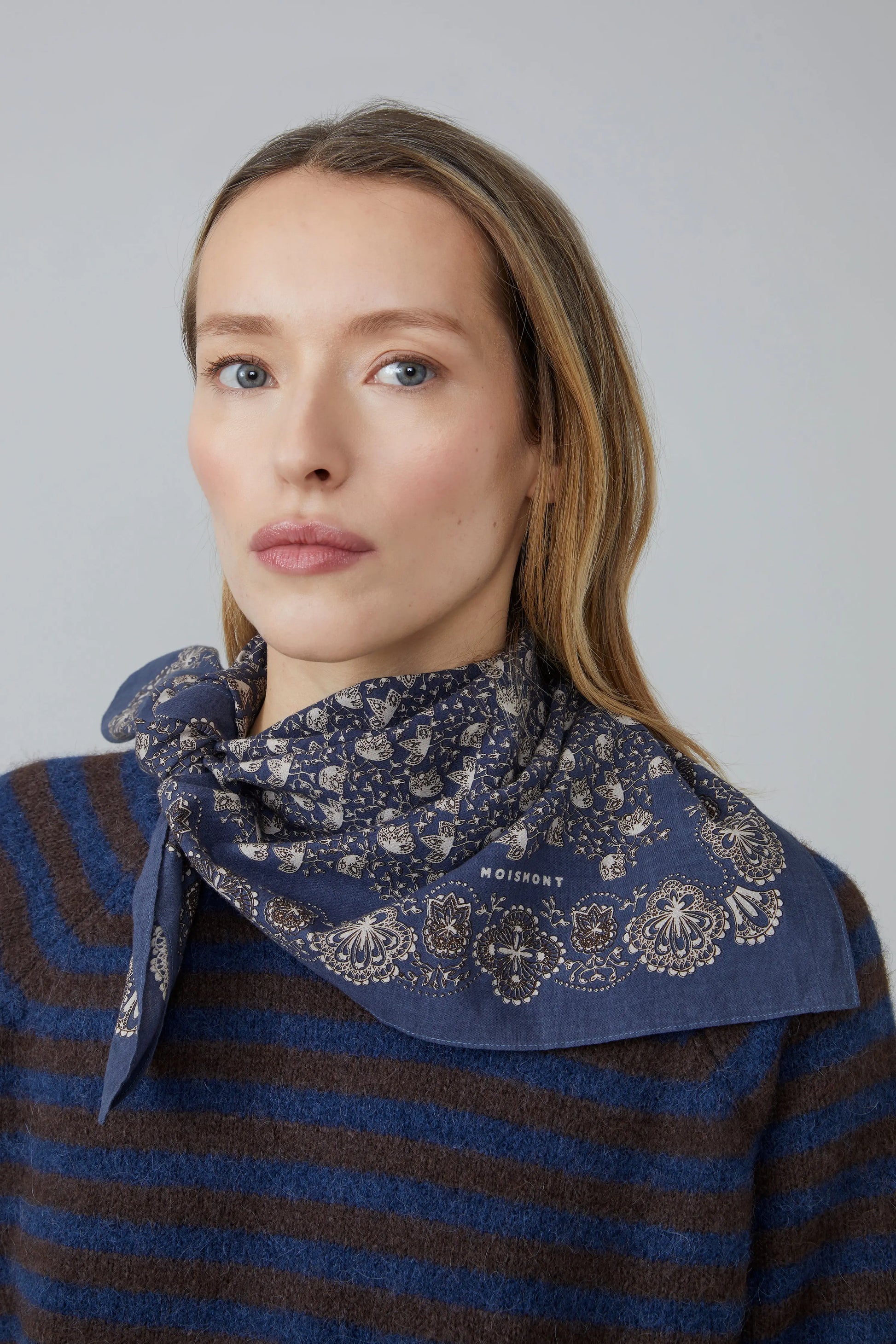 Moismont cotton carre square scarf Milan in slate grey blue.