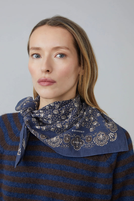 Moismont cotton carre square scarf Milan in slate grey blue.