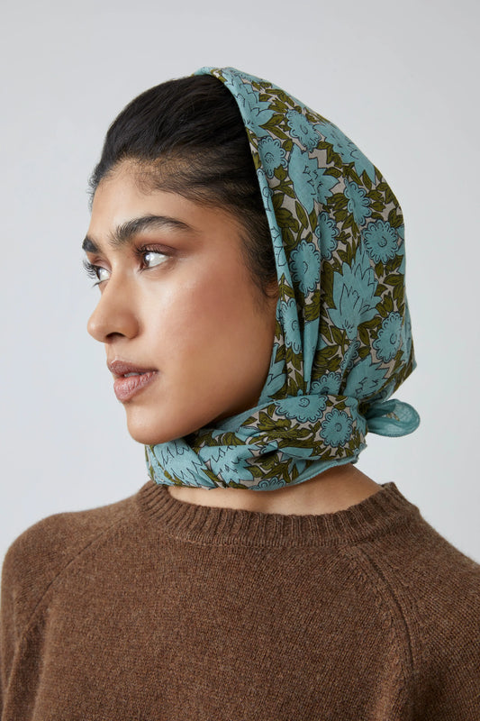Moismont fine cotton Amber square scarf carre in Celeste blue.