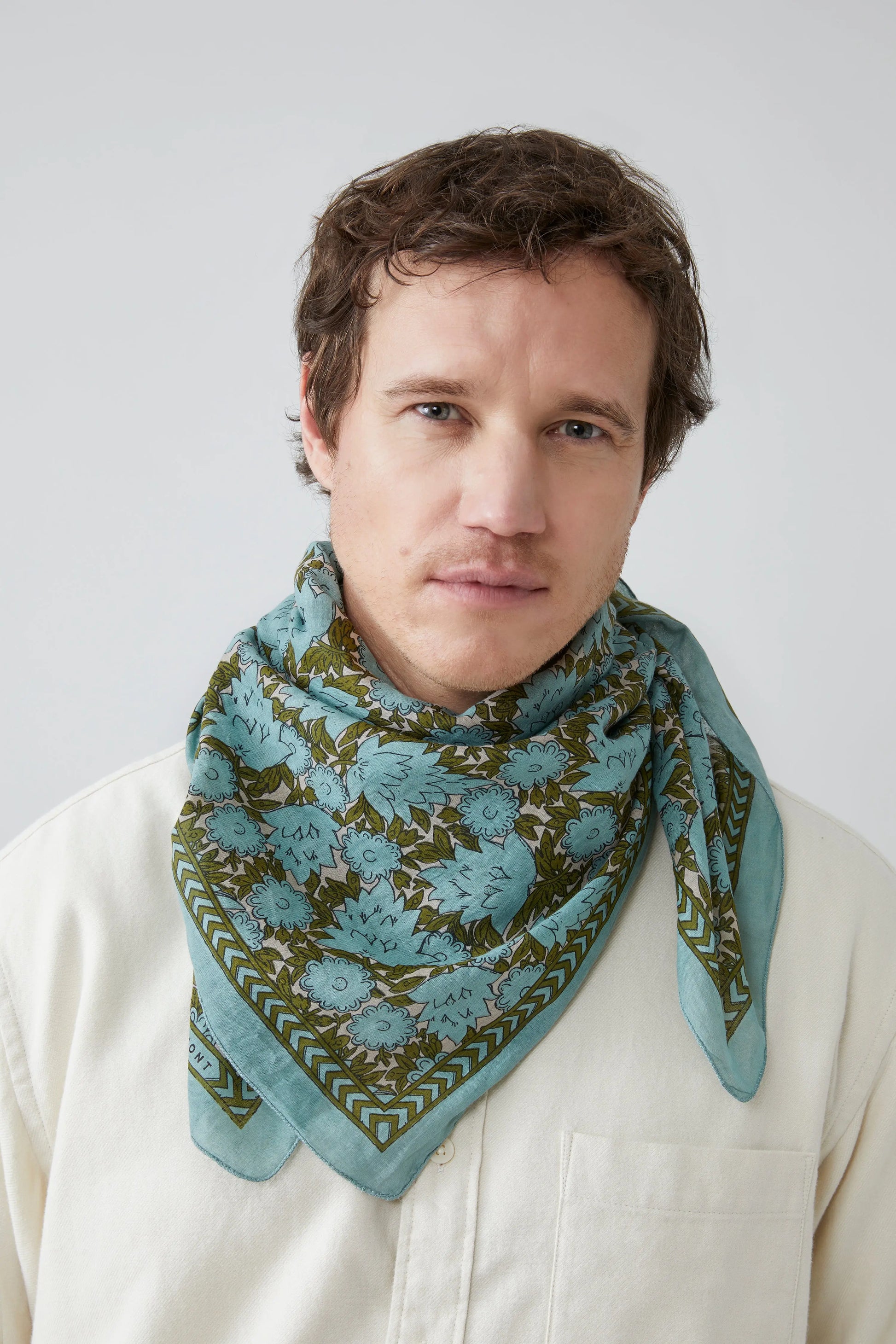 Moismont fine cotton Amber square scarf carre in Celeste blue.